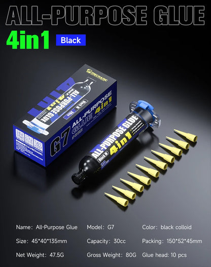 Pegamento Adhesivo Estructural Multiuso MECHANIC G7 (30cc) con 10 Puntas para Marco/Pantalla Teléfono Móvil (Calafateo, Negro/Blanco)