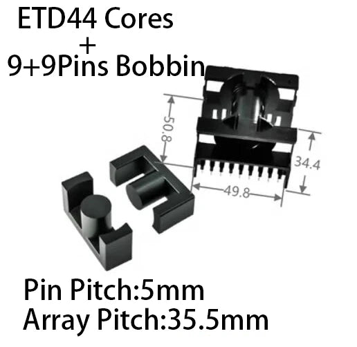 Núcleo Ferrita Suave Alta Potencia ETD44/ETD59 PC40 con Bobina Vertical/Horizontal 18 Pines