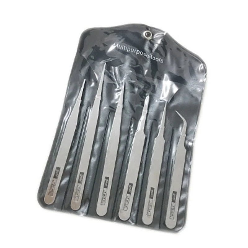 Set Pinzas Acero Inoxidable Precisión Industrial (Curva/Recta) Herramienta Reparación (6 Piezas)