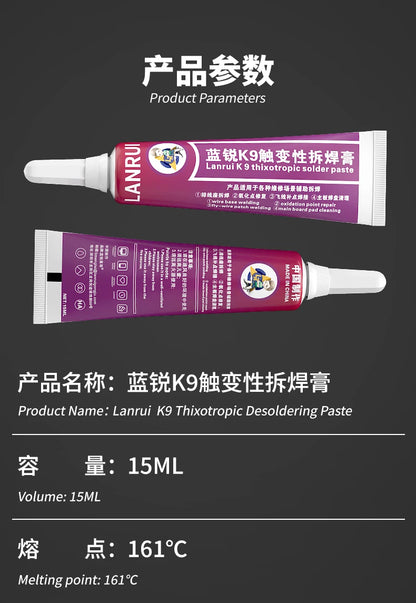 Pasta Tixotrópica Desulfurización LANRUI K9 (15ml) para Soldadura/Desoldadura Huella Digital/Conector Batería/Puerto Carga