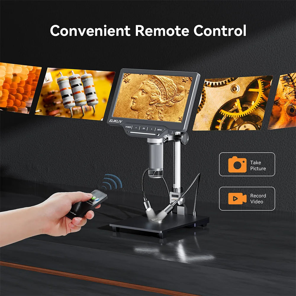 Elikliv 1200X Soldering Microscope for Electronics Repair 7" Digital Microscope with 10" Stand 2MP Coin Magnifier with 10 LEDs