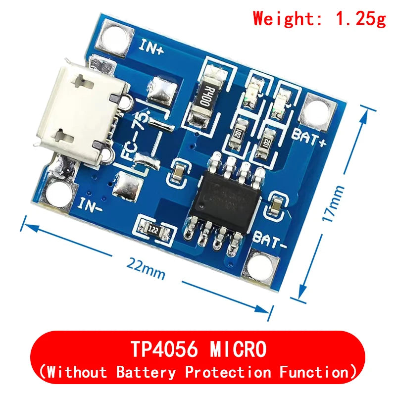 Lote 10 Pcs Módulo Cargador Batería Litio TP4056 5V 1A 18650 con Protección Dual 1A Li-ion