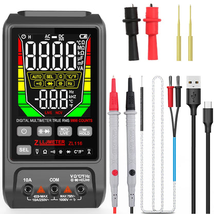Multímetro Digital Inteligente USB (9999 Cuentas) - Pantalla Grande, AC/DC, Capacitancia, Ohm, Hz, Temp