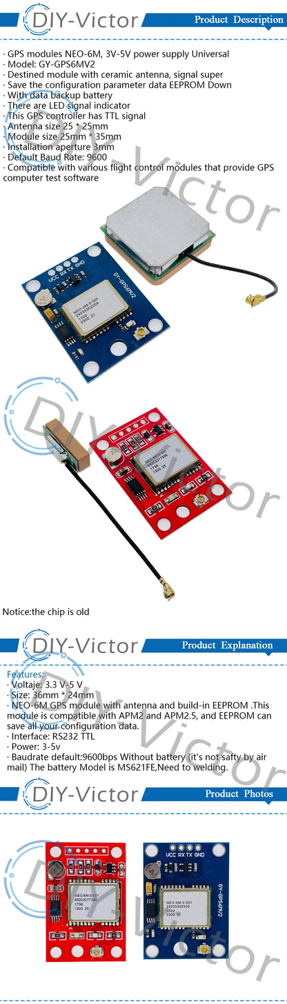 Módulo GPS GY-GPS6MV2 (NEO-6M) con EEPROM y Antena (3-5V, RS232/TTL) para Arduino/APM2.5 Control Vuelo