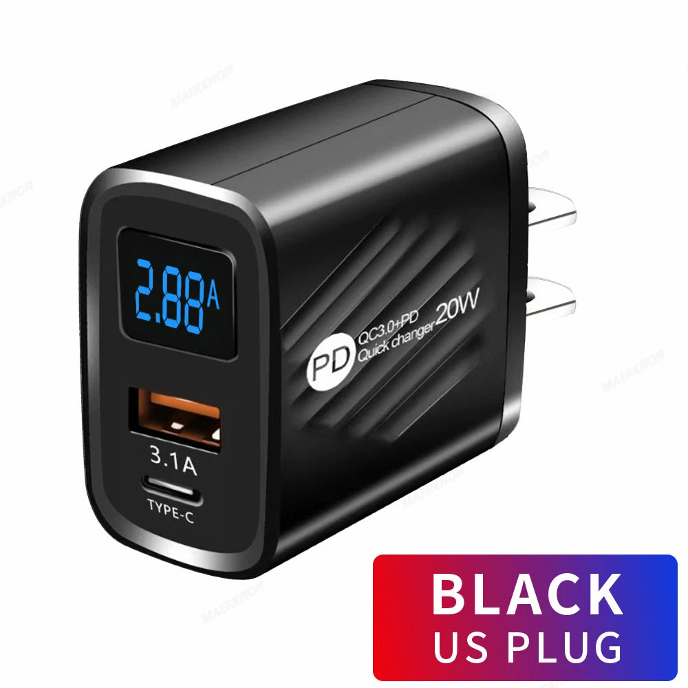 Cargador Pared USB Tipo C PD 20W Carga Rápida con Pantalla Digital para iPhone/Samsung/Xiaomi