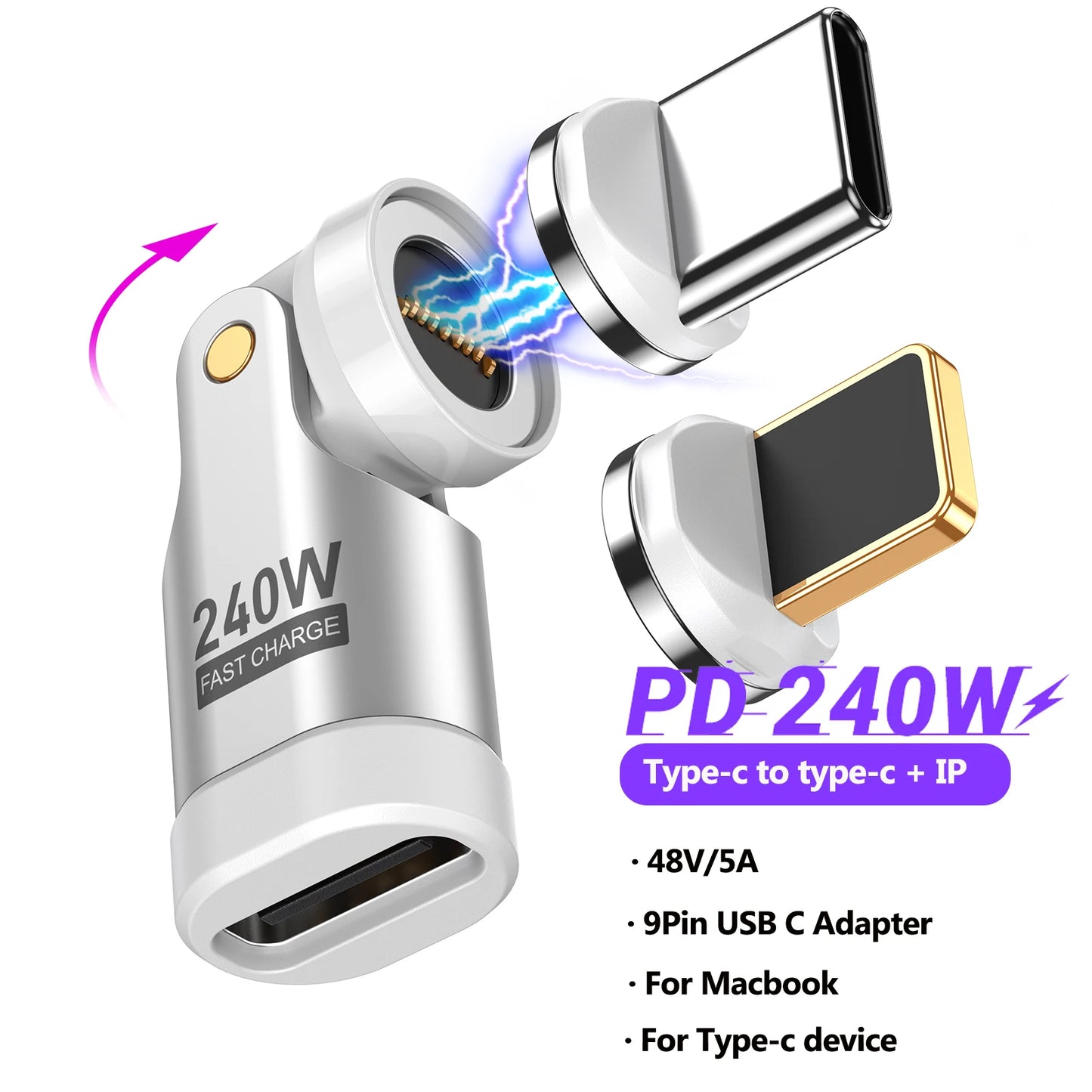 Adaptador Magnético AUFU USB-C Hembra a Tipo C Macho 9 Pines (240W Carga Rápida) Convertidor para iPhone 15/16/Laptop/Macbook/Samsung