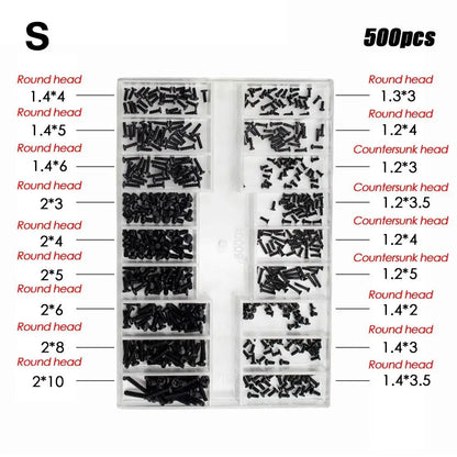 Set Mini Tornillos Acero Inoxidable 18 Tamaños para Reloj/Gafas/Electrónica Accesorio Reparación (500 Piezas)