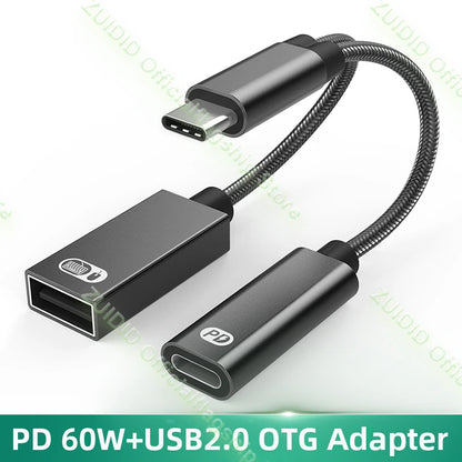Adaptador Cable Carga USB-C OTG 2-en-1 PD 60W + USB 2.0 Data Converter para iPad Pro/Samsung/Huawei/Xiaomi/Laptop/Tablet