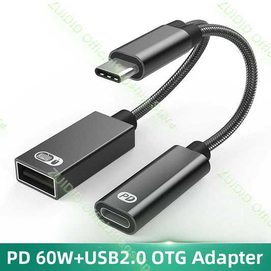 Adaptador Cable Carga USB-C OTG 2-en-1 PD 60W + USB 2.0 Data Converter para iPad Pro/Samsung/Huawei/Xiaomi/Laptop/Tablet