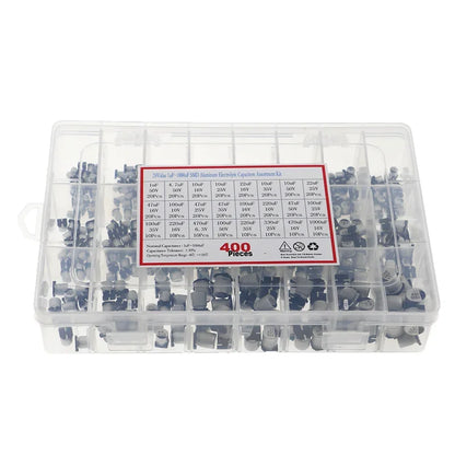 Kit Surtido Capacitor Electrolítico Aluminio SMD (1uF-1000uF, 6.3V-50V, 24 Valores) - Pack 400 Piezas