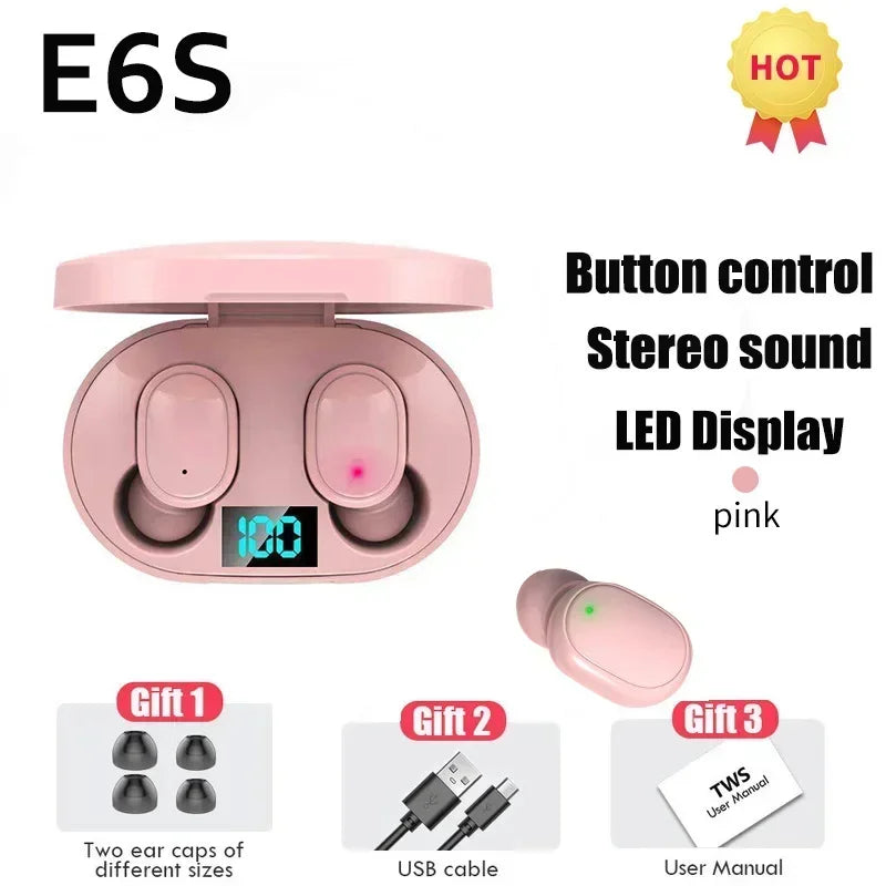 Auriculares Inalámbricos E6S TWS Bluetooth con Micrófono (Cancelación Ruido) para iPhone/Xiaomi