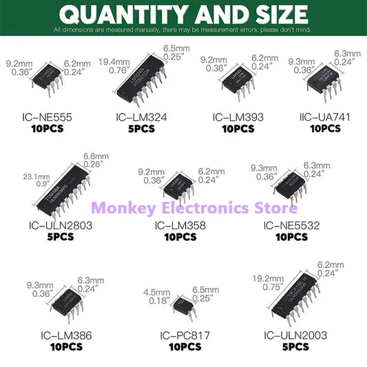 Kit Circuitos Integrados IC (DIP) NE555/LM324/LM358/ULN2803 (10 Tipos, Temporizador Precisión) DIY Electrónico (85 Piezas)