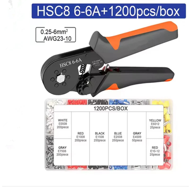 Kit Herramienta Crimpado Terminales Ferrules Hexagonal Autoajustable (23-10AWG, 0.25-6mm²) con 400-2000 Terminales Cable
