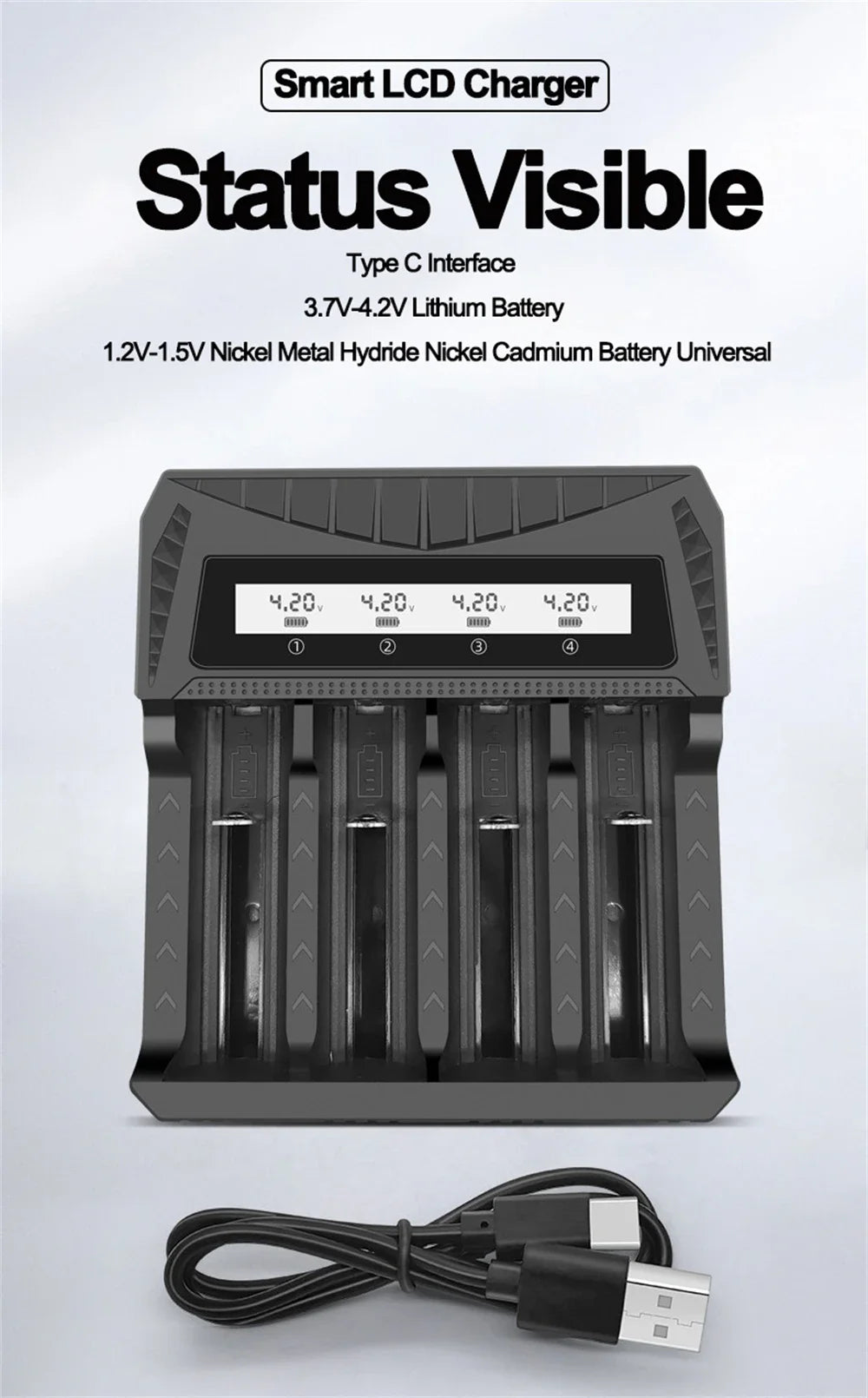 Cargador USB Inteligente Baterías LCD (1/2/4 Ranuras) para Litio Recargable 18650 (4.2V) / Ni-MH AA/AAA (1.2V)