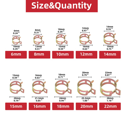 Kit Surtido Abrazaderas Resorte Tipo Japonés para Manguera Combustible/Agua/Aceite Automotriz (75/100/155 Piezas)
