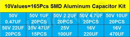 Kit Muestrario Capacitor Electrolítico Aluminio SMD (0.47uF-100uF, 10 Valores) - Pack 165 Piezas
