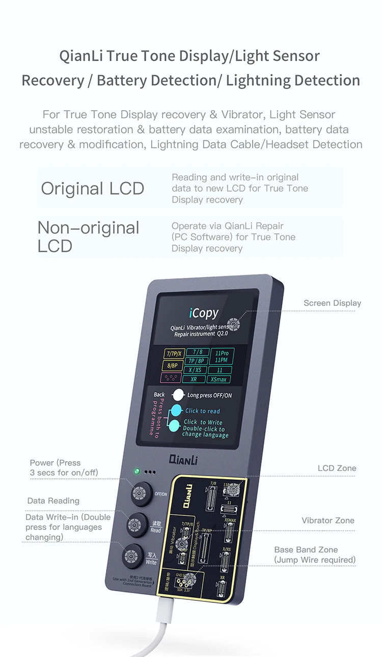 QIANLI iCopy Plus 2.2v 6in1 LCD Board 7to15pm Face ID Board Adaptor & Flex For X-14 PM Series Dot Matrix Recovery Battery 6to14