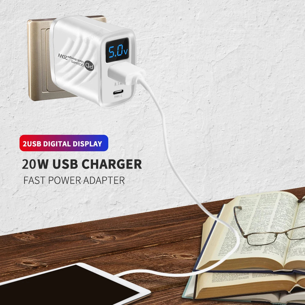 Cargador Pared USB Tipo C PD 20W Carga Rápida con Pantalla Digital para iPhone/Samsung/Xiaomi