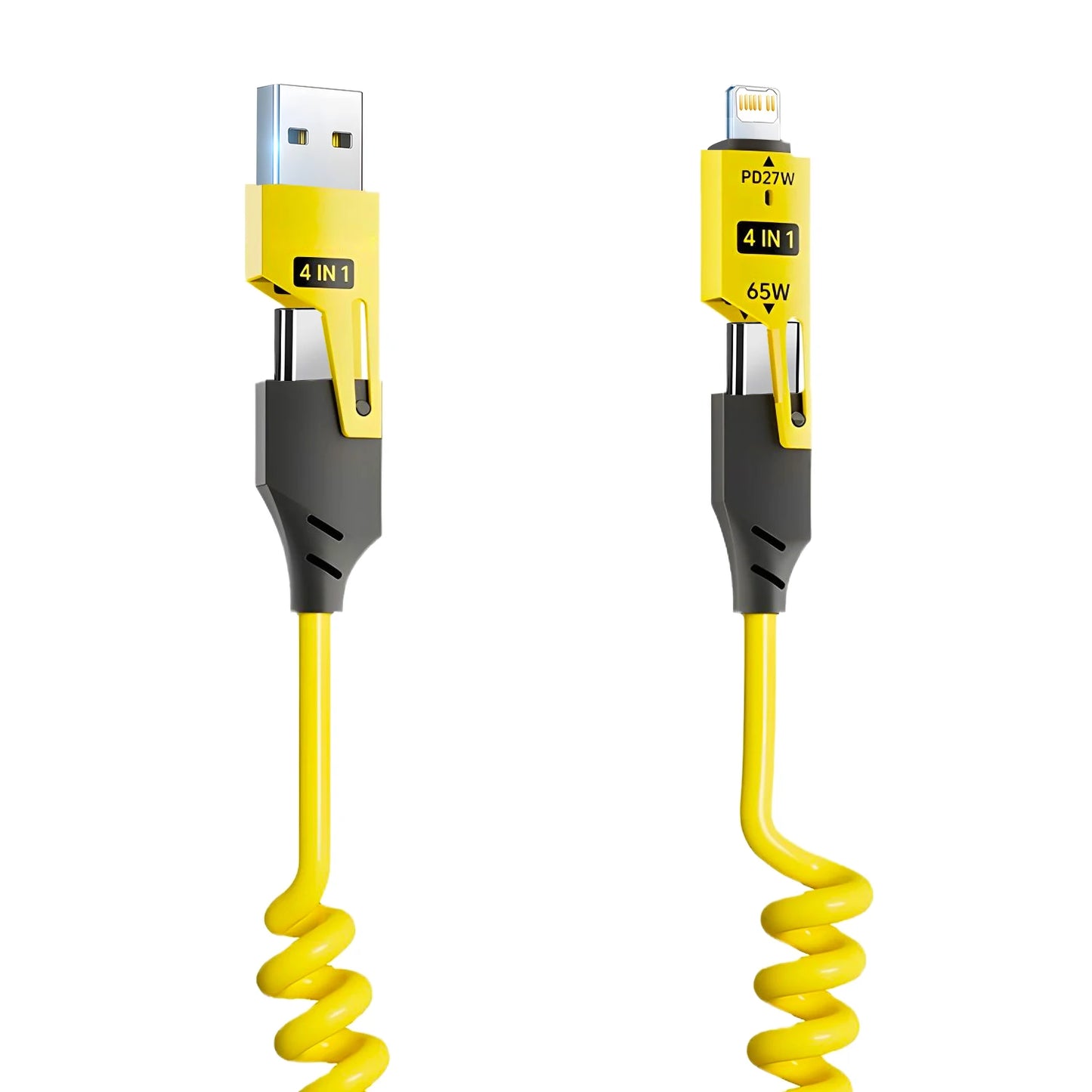 Cable Datos Corto Resorte 4 en 1 (65W, 6A) USB Tipo C Telescópico Carga Rápida para iPhone 15/14/13/12
