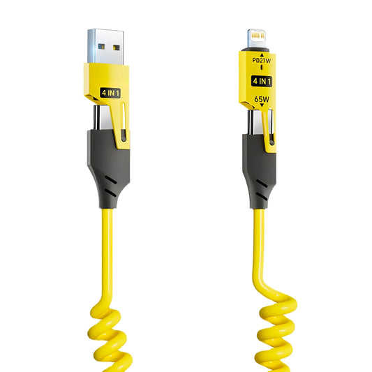 Cable Datos Corto Resorte 4 en 1 (65W, 6A) USB Tipo C Telescópico Carga Rápida para iPhone 15/14/13/12