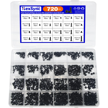 Kit Tornillos Pequeños Phillips Cabeza Plana Avellanada (M1.4-M3) Acero Carbono para Laptop/Computadora (720 Piezas)