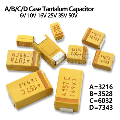 Capacitor Tantalio SMD (Caja A/B/C/D) 6V-50V, 0.1uF-330uF (Pack 10 Unidades)