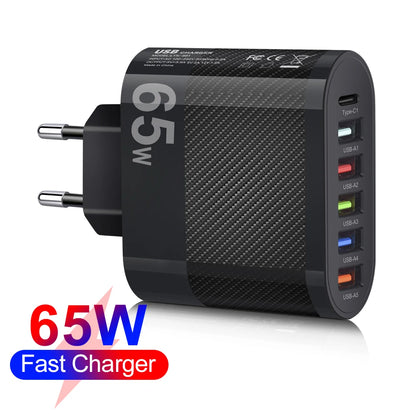 Cargador Pared USB Múltiple 6 Puertos 65W Carga Rápida Alta Velocidad (PD, QC 3.0) Adaptador Móvil para Huawei Mate 60/Xiaomi 13