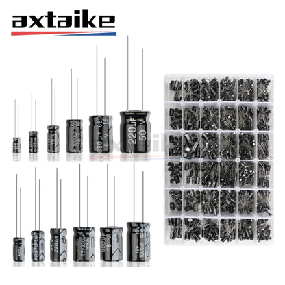 Kit Surtido Capacitor Electrolítico Aluminio (0.1uF-1000uF, 16V/25V/50V) con Caja - Pack 120/200/500 Piezas