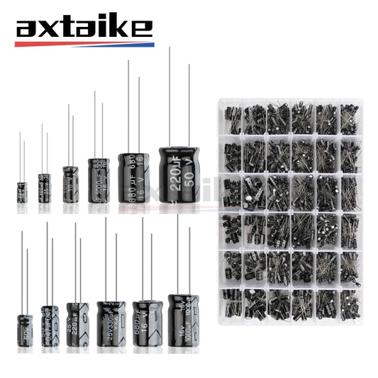 Kit Surtido Capacitor Electrolítico Aluminio (0.1uF-1000uF, 16V/25V/50V) con Caja - Pack 120/200/500 Piezas