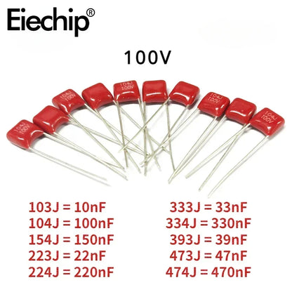 Capacitor Película Polipropileno CBB (10nF-560nF, 100V) - Pack 20 Unidades (Valores Surtidos)