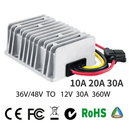 Reductor Voltaje DC-DC 36V/48V a 12V 10A/20A/30A Step-Down Buck Impermeable con Fusible (CE/RoHS) para Golf Cart