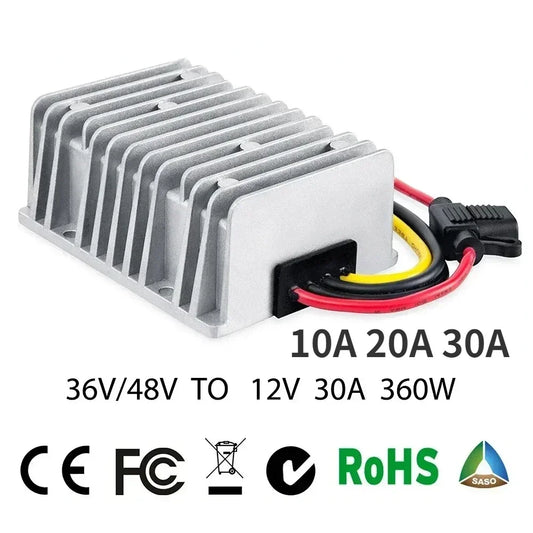 Reductor Voltaje DC-DC 36V/48V a 12V 10A/20A/30A Step-Down Buck Impermeable con Fusible (CE/RoHS) para Golf Cart