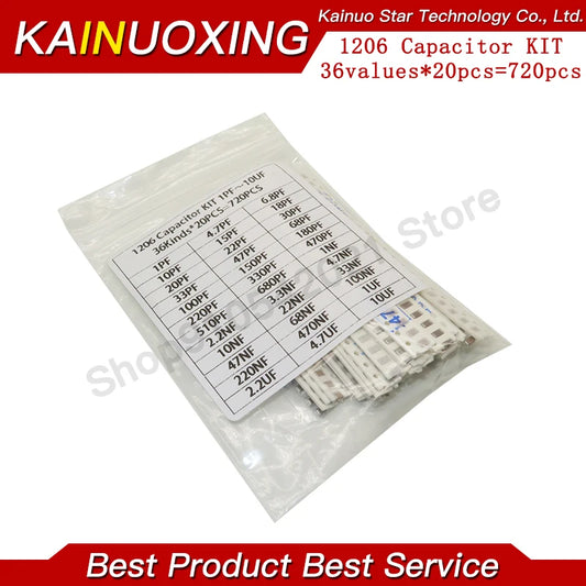 Kit Surtido Capacitores Cerámicos SMD 1206 - 36 Valores (1pF-10uF) x 20 Unidades (Total 720 Piezas)