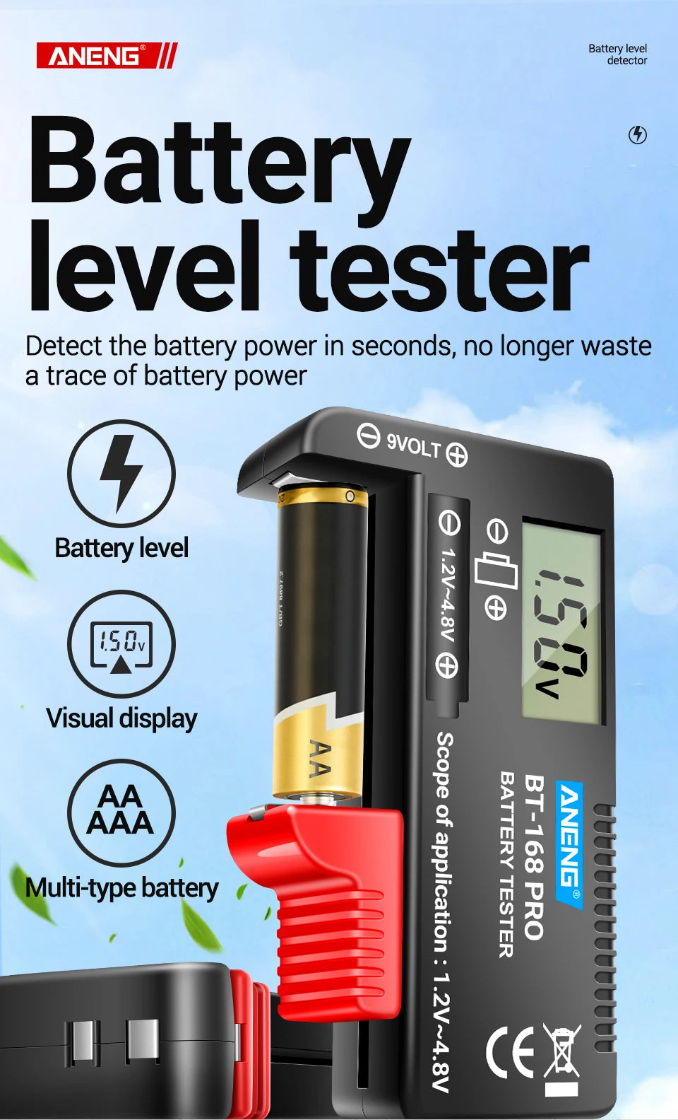 Probador Baterías Digital ANENG BT-168 PRO (Analizador Carga Capacidad) Universal para 9V/AAA/AA/Pila Botón