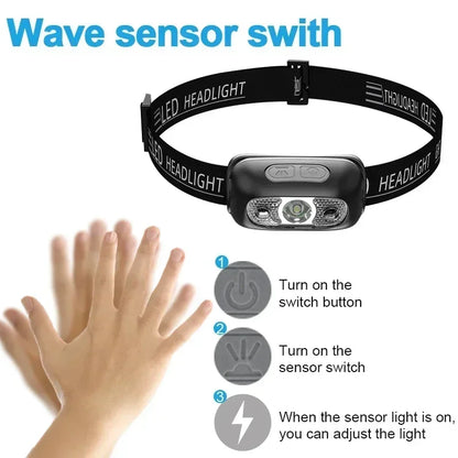 Linterna Frontal LED Portátil Luz Fuerte con Sensor (Recargable USB) para Camping Exterior/Pesca/Emergencia