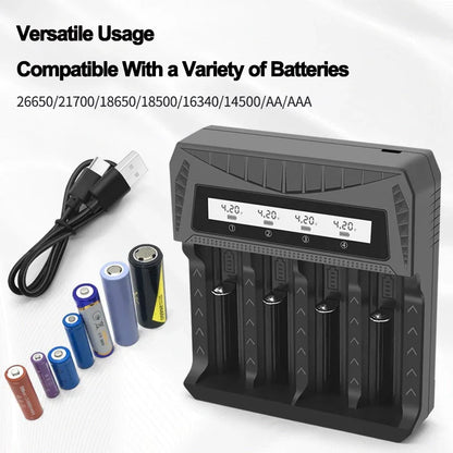 Cargador USB Inteligente Baterías LCD (1/2/4 Ranuras) para Litio Recargable 18650 (4.2V) / Ni-MH AA/AAA (1.2V)
