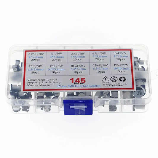 Kit Surtido Capacitor Electrolítico SMD (0.47uF-470uF, 16V-50V, 10 Valores) - Pack 145 Piezas