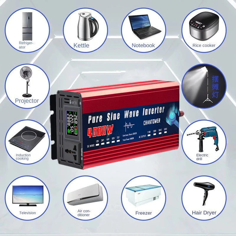 Inversor Onda Pura DC 12V/24V a AC 110V/220V (2000W-5000W) Convertidor Voltaje Portátil Auto/Solar