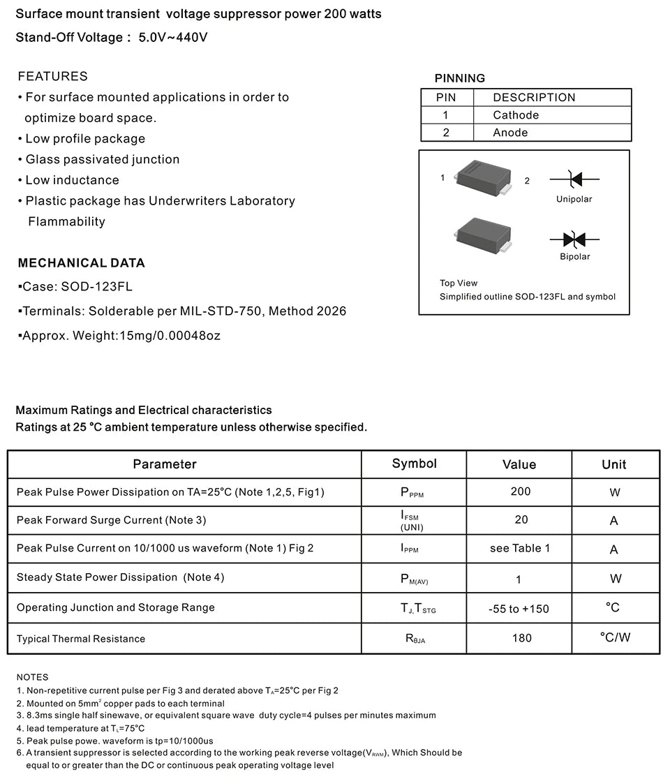 50pcs/lot SMD Transient voltage suppression diode TVS 200W 1206 SMF5.0A SMF6.0A SMF6.5A SMF7.0A SMF8.0A Unidirectional SOD-123FL