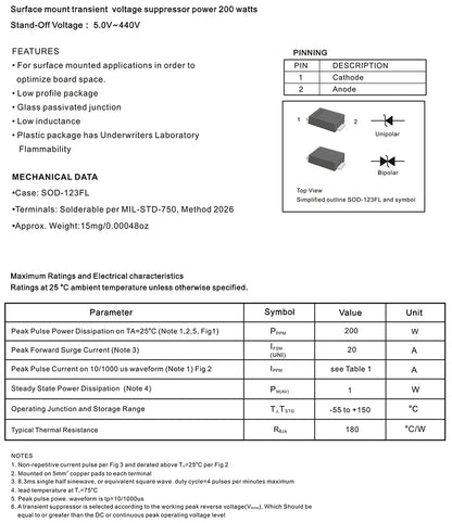 50pcs/lot SMD Transient voltage suppression diode TVS 200W 1206 SMF5.0A SMF6.0A SMF6.5A SMF7.0A SMF8.0A Unidirectional SOD-123FL