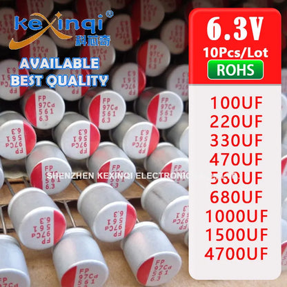 Capacitor Electrolítico Sólido Polímero Aluminio Conductivo (100uF-4700uF, 6.3V) - Pack 10 Unidades (Valores Surtidos)