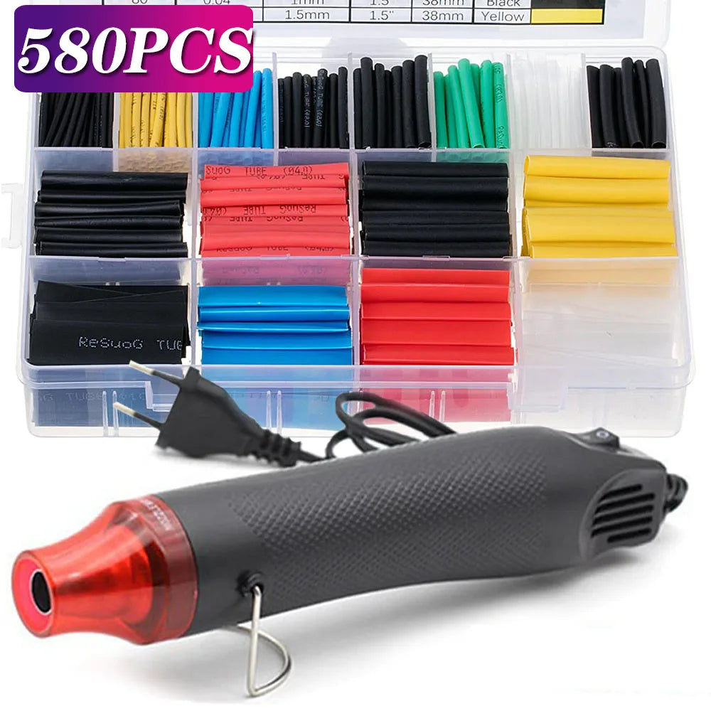 Kit Tubo Termoretráctil 2:1 Envoltura Cable Aislante Protección Conexión (127/530/580 Piezas) (Opción Pistola Aire Caliente)