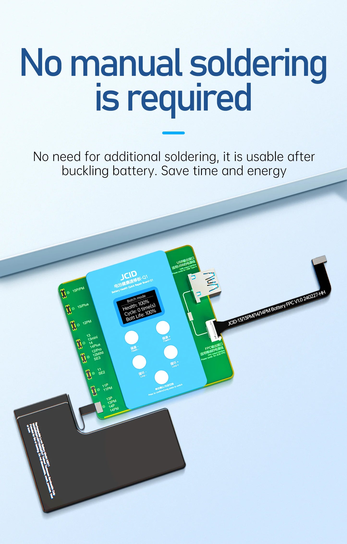 JCID JC Q1 Battery Health Quick Repair Board for iPhone 11, to 15 Pro, Solve Window, Pop-up Modify Battery Cycle, No Need FPC