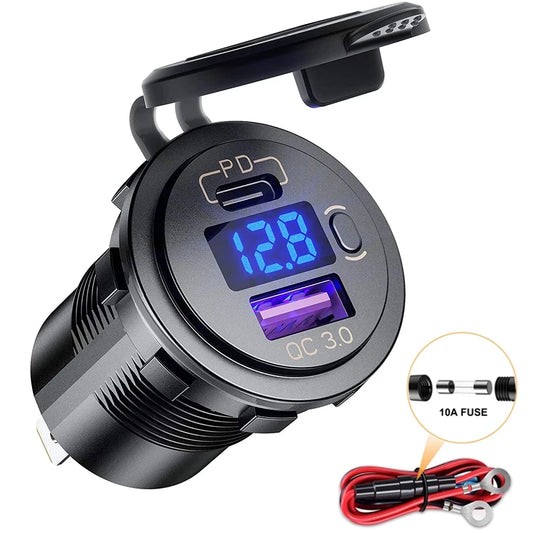 Cargador USB Auto/Camión PD 60W + QC 3.0 con Switch LED Voltímetro 12V/24V Carga Rápida