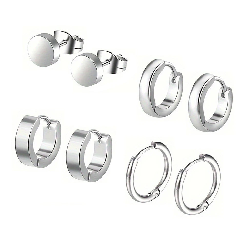 Set 4 Pares Pendientes Hombre (Acero Inoxidable Negro, Tacos y Aros) Duradero, Versátil, Hipoalergénico
