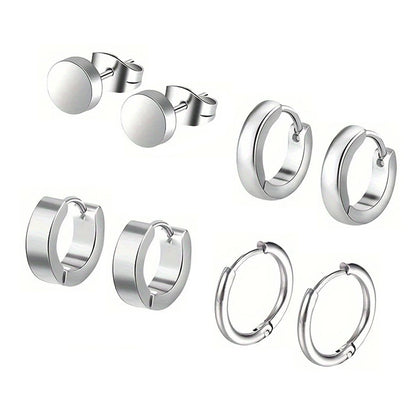 Set 4 Pares Pendientes Hombre (Acero Inoxidable Negro, Tacos y Aros) Duradero, Versátil, Hipoalergénico