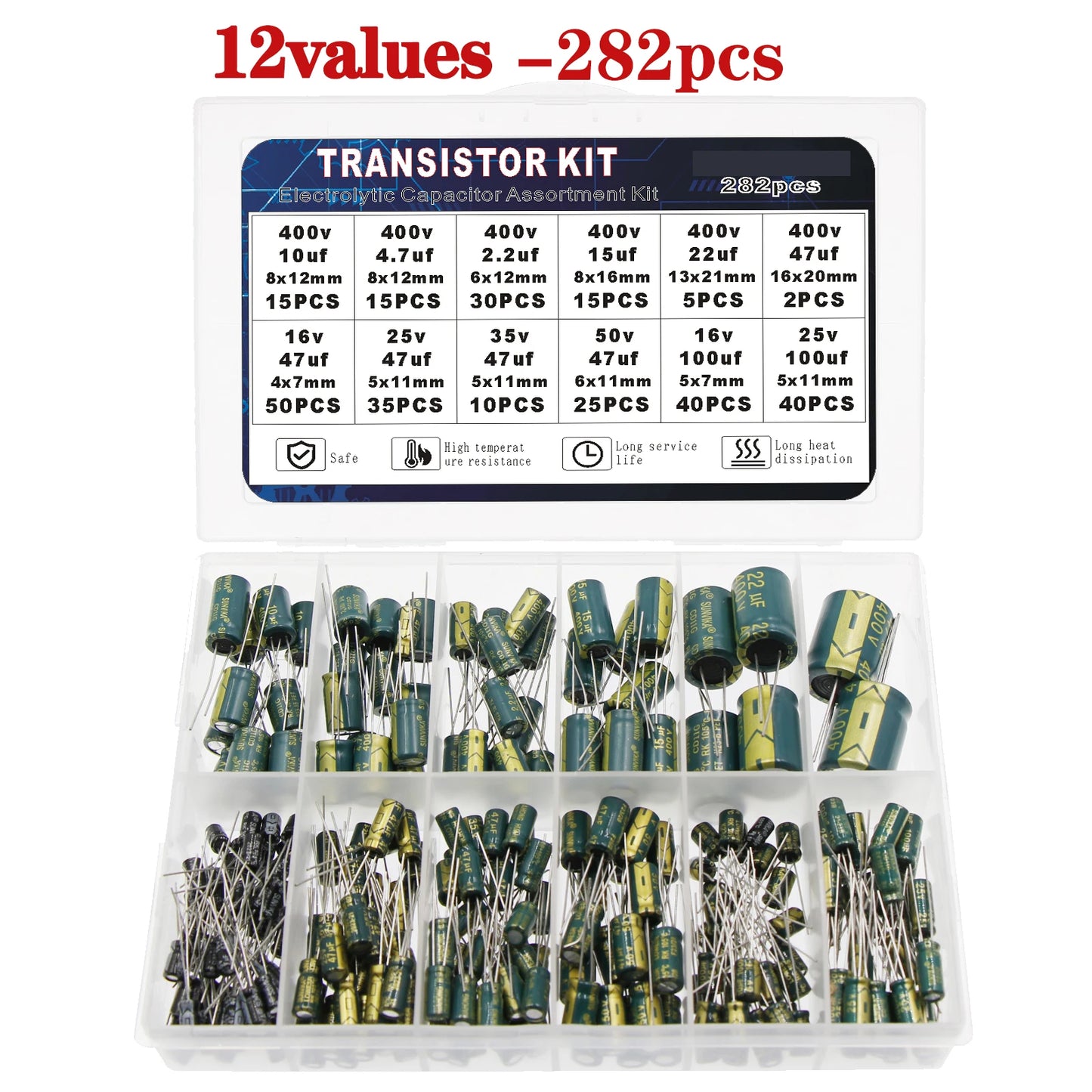 Kit Surtido Capacitores Electrolíticos Alta Frecuencia (10V-400V, 10uF-1000uF)