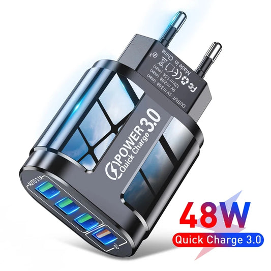 Cargador Rápido Viaje Portátil QC3.0 4 Puertos USB 48W (Enchufe EU) para Android/iPhone/Xiaomi