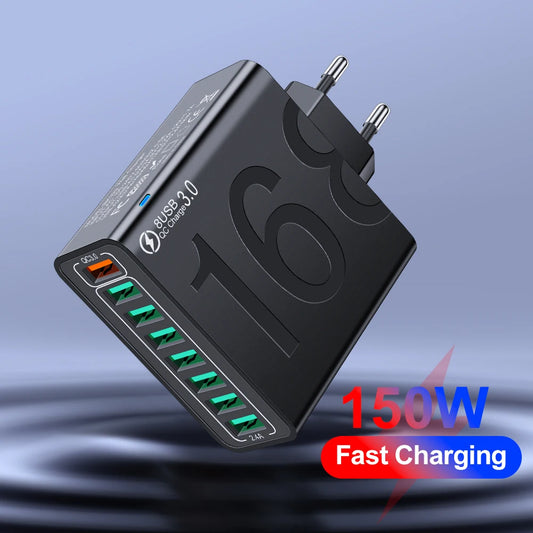 Cargador Pared Rápido USB Total 150W QC 3.0 Adaptador Carga Móvil Enchufe EU/US/KR para iPhone/Xiaomi/Huawei