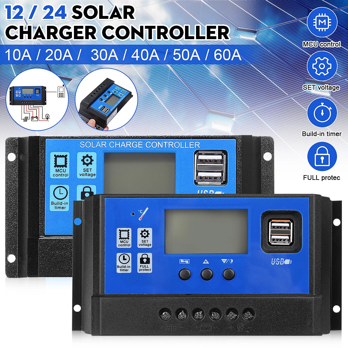 Controlador Carga/Descarga Solar PWM 10A-100A Auto LCD Dual USB Regulador Panel Célula